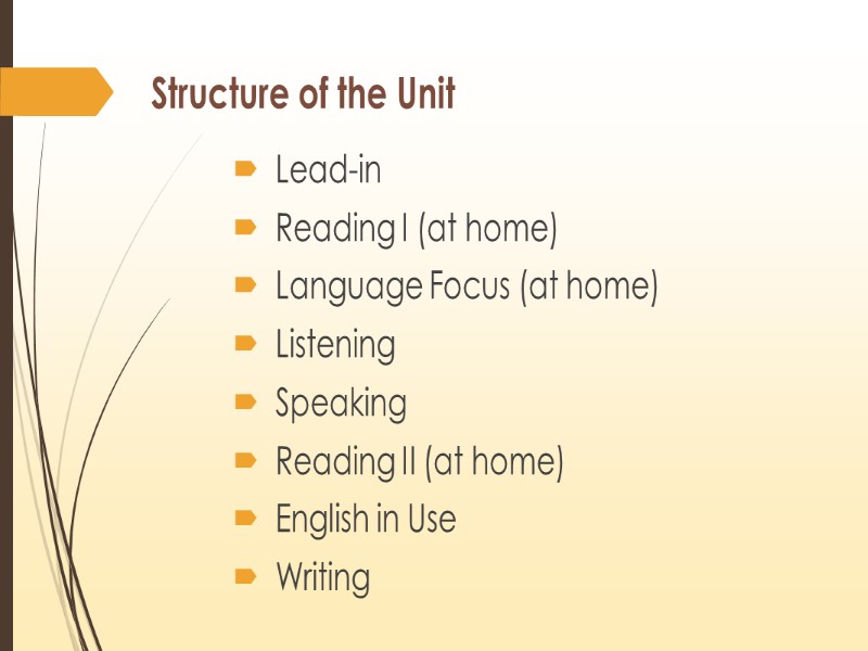 Structure of the Unit   Lead-in    Reading I (at home)